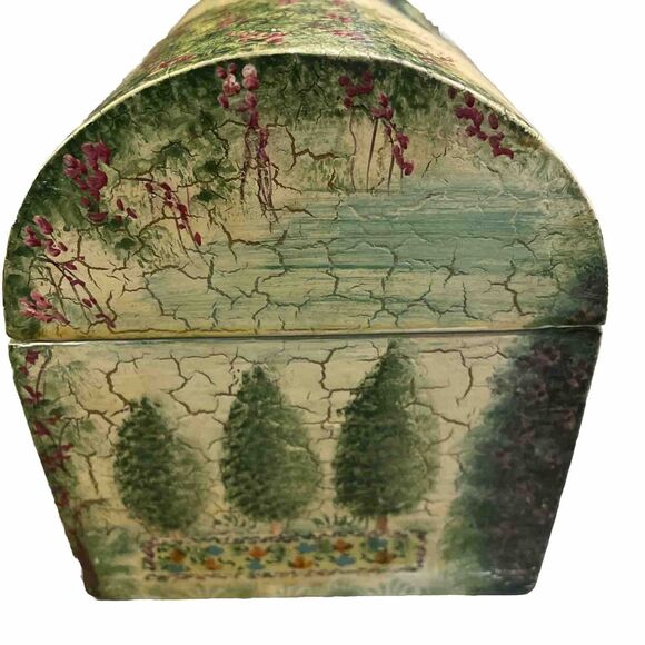 Vintage Painted Wooden Hinged Box Yellow Floral Garden Scene Crackled 6.5x5x5.5 - Picture 2 of 12